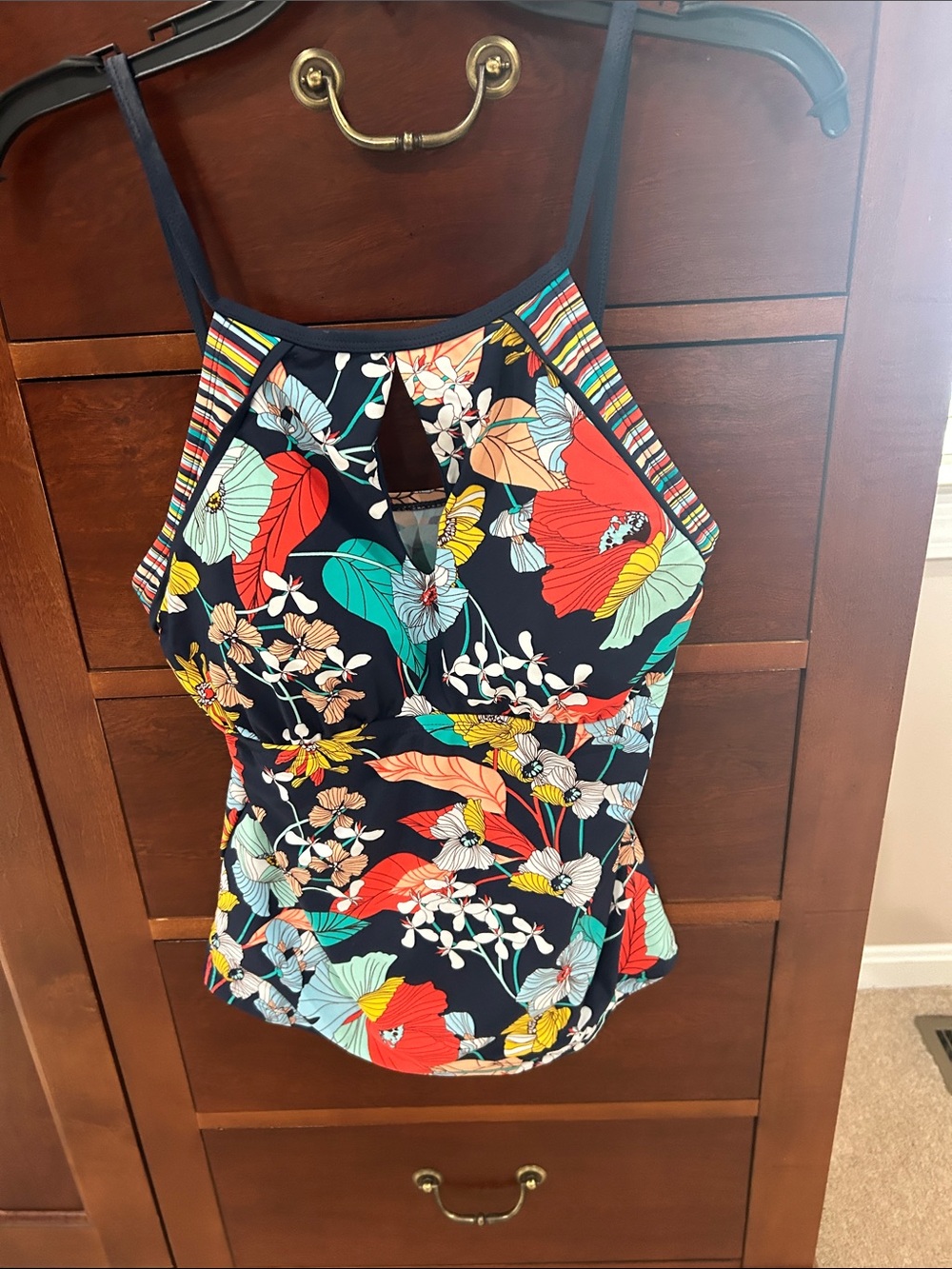 Ellen Tracy Navy Floral High-Neck Swim Tank with Multicolor Stripes